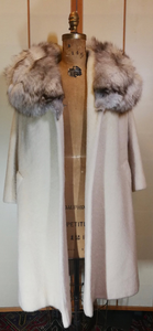 Lilli Ann 50s 60s Norwegian Fox Fur Collar Wool Swing Coat Cream White Free Size Beaded Belt S/M/L