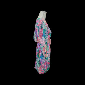 Floral 80’s Dress Silk Pink Blue  Puff Sleeve Pastel Ruched