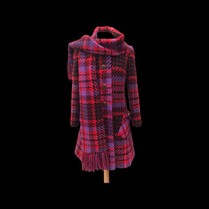 60’s Coat Pink Purple Red Plaid Thick Woven Wool Attached Scarf