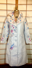 Load image into Gallery viewer, Floral White Leather Trench Spy Coat--Embroidered Floral Bird Pastel Design, Leather Spy Trench Fit Flare Penny Lane Twiggy Afghan M/L
