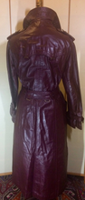 Load image into Gallery viewer, Vintage 70s Leather Coat Spy Unisex Trench Belted Fit and Flare Burgundy Oxblood M