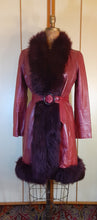 Load image into Gallery viewer, Leather Deep Red Burgundy Shearling Trimmed Princess Coat 70s Penny Lane Almost Famous