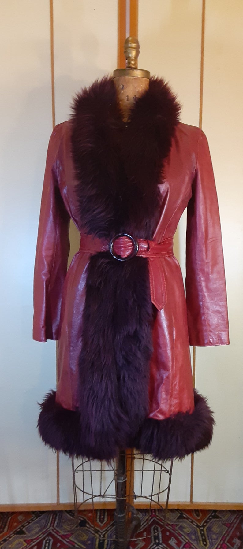 Leather Deep Red Burgundy Shearling Trimmed Princess Coat 70s Penny Lane Almost Famous