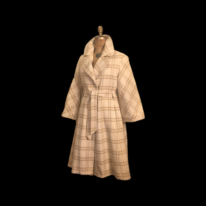 60’s Cream White Plaid Wrap Wool Fit Flare Coat Neutral Natural Colors Belted