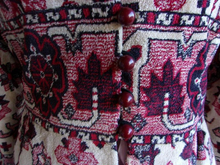 Load image into Gallery viewer, 60s Tapestry Carpet Needlepoint Heavy Ethnic Chenille Aztec Native Southeast Asian Red Influence Design Worn by Meghan Draper on Mad Men S/M