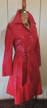 Load image into Gallery viewer, Red Leather Trench Spy Coat Petite Extra Small Braided Collar Fit and Flare 70s