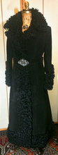Load image into Gallery viewer, Black Suede Leather Curly Lamb Mongolian Penny Lane Almost Famous Hippy Shearling Russian Princess Coat S/M Full Length Long