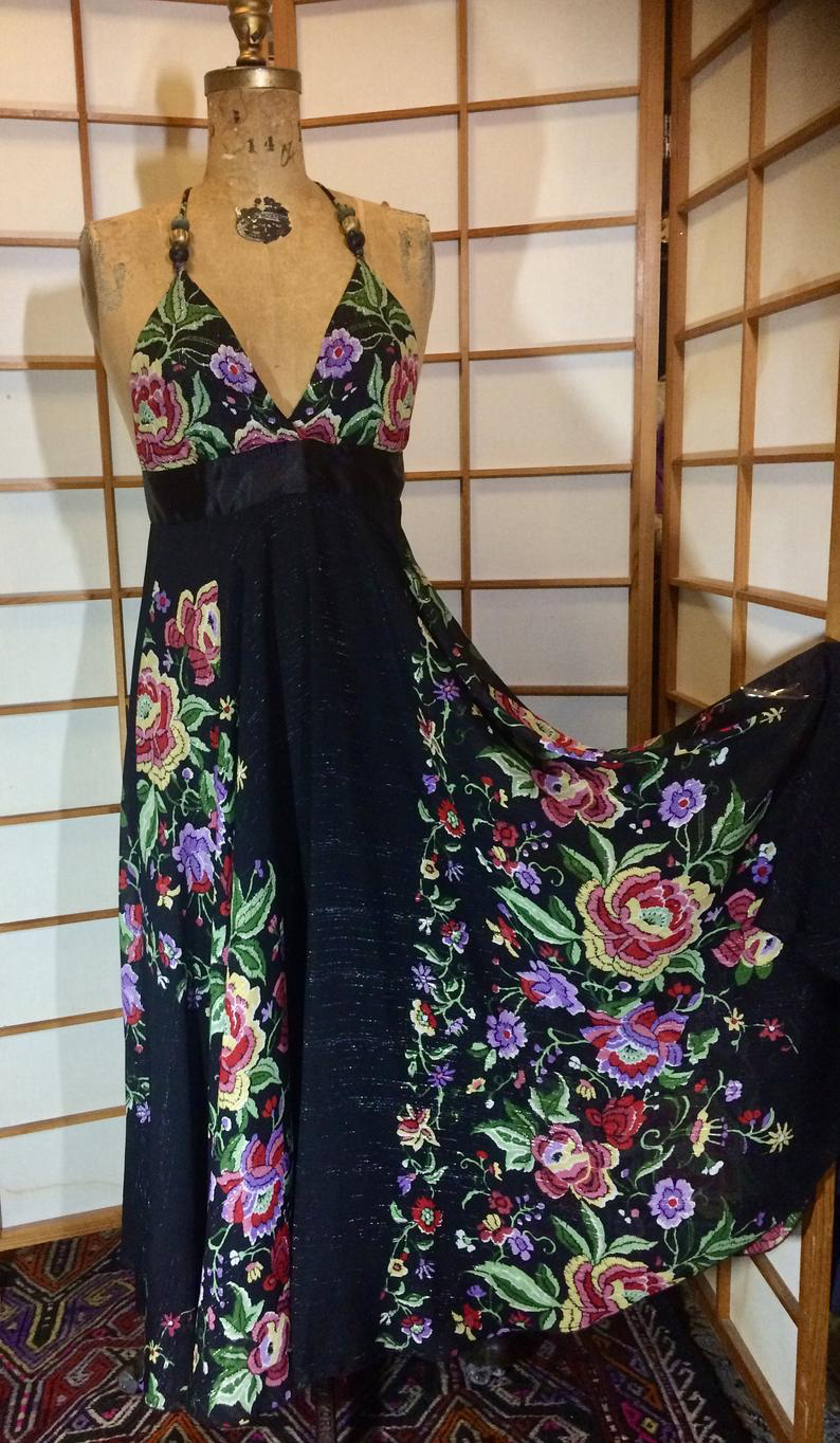 70s Maxi Dress Floral Spring Full Length Dress Full Skirt Black Low Cut 70s Maxi Dress Floral Spring Full Length Dress Full Skirt Black Low Cut
