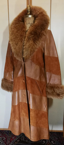 70s Buttery Soft Kid Leather Brown Suede Chevron Shearling S/M Penny Lane Duster