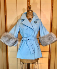 Load image into Gallery viewer, Vintage Coat Jacket- Lilli Ann 60s Baby Blue Mod Cape Fox Fur Bell Sleeve Angel Sleeve Light Spring Princess Mad Men S/M
