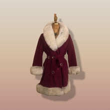 Load image into Gallery viewer, 60s Wine Cranberry Coat in Velveteen and Shearling with Grommet Belt