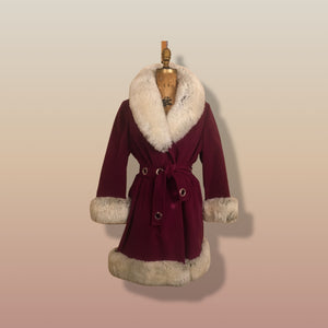 60s Wine Cranberry Coat in Velveteen and Shearling with Grommet Belt