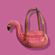 Load image into Gallery viewer, Flamingo Deadstock Wicker Coral Pink Weaved Bag with Leather Strap Basket Purse Picnic Basket