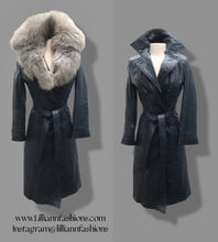 Load image into Gallery viewer, 70’s Spy Trench Leather Coat with Removable Shearling Collar Dark Blue