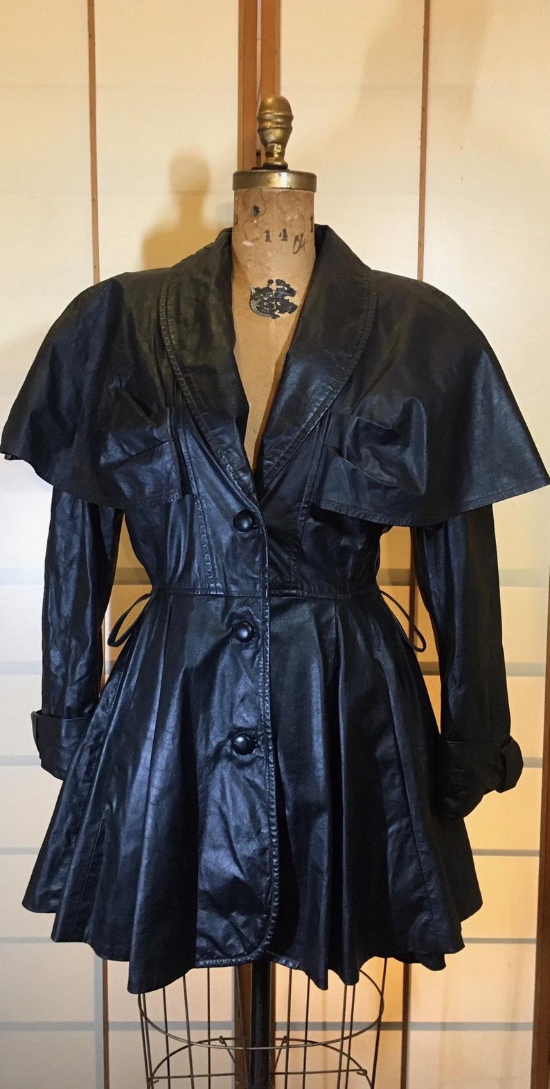 Vintage Coat-70s 80s Black Leather Dress Studio 54 Goth SteamPUNK Belted Pinup Coat Jacket Fit Flare Skirt Fit Flare Princess S M Trench Spy Vintage Coat-70s 80s Black Leather Dress Studio 54 Goth SteamPUNK Belted Pinup Coat Jacket Fit Flare Skirt Fit Flare Princess S M Trench Spy