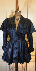 Vintage Coat-70s 80s Black Leather Dress Studio 54 Goth SteamPUNK Belted Pinup Coat Jacket Fit Flare Skirt Fit Flare Princess S M Trench Spy