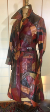 Load image into Gallery viewer, Vintage 70s Patchwork Mosaic Leather Duster/Trench/Coat Hippy S/XS Fit Flare Penny Lane Michael Kors Studio 54 Melania