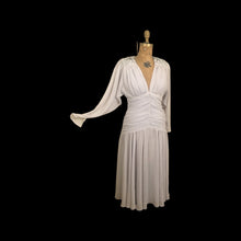 Load image into Gallery viewer, 80’s does 20’s Art Deco Chiffon Beaded Dress in Pearl Gray Fitted Waist full skirt