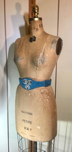 Load image into Gallery viewer, Turquoise Blue Suede Henryks Bijoux Made in Austria Cinch Belt 80s 90s Art Deco Style Jeweled Couture Crystals  Up to 28&quot;