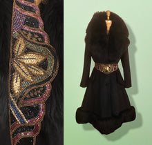 Load image into Gallery viewer, 60’s Black Coat Vintage Lilli Ann Fit and Flare Shearling Pinup Princess Beaded Belt