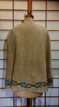 Load image into Gallery viewer, 70s Suede Embroidered Floral Poncho- Belted Flower Child Cape Hippy Turquoise Floral Flowers S/M Penny Lane Almost Famous