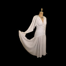 Load image into Gallery viewer, 80’s does 20’s Art Deco Chiffon Beaded Dress in Pearl Gray Fitted Waist full skirt