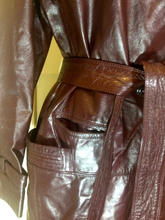Load image into Gallery viewer, Vintage 70s Leather Coat Spy Unisex Trench Belted Fit and Flare Burgundy Oxblood M