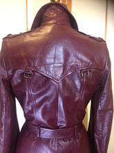 Load image into Gallery viewer, Vintage 70s Leather Coat Spy Trench Belted Fit and Flare Burgundy Oxblood M