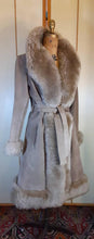 Load image into Gallery viewer, Women&#39;s Vintage Coat- 70s Gray Suede Shearling Princess Fluffy Penny Lane Russian Princess Fit and Flare Coat Boho Chic Hippy afghan