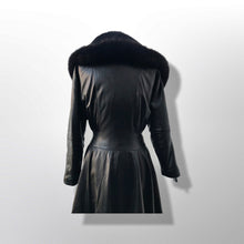 Load image into Gallery viewer, Black Lamb Leather Princess Coat Couture Made in France Massive Shearling Fox Collar