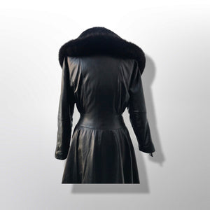 Black Lamb Leather Princess Coat Couture Made in France Massive Shearling Fox Collar