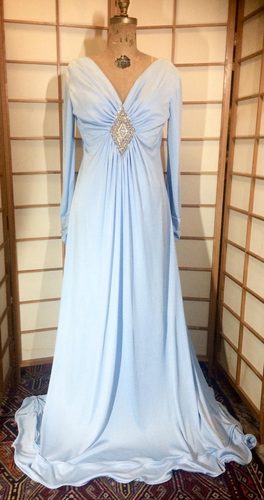 70s Grecian Greek Goddess Dress --Powder Blue Empire Waist Silky Slinky Extra Long Dress L/XL Wedding Dress