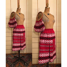 Load image into Gallery viewer, Vintage 70s Matching Skirt and Purse Set Ethnic South American Red White Cotton with Wicker Handle Bag up to 36" Waist Skirt Boho Brocade