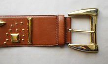 Load image into Gallery viewer, 80s Brown Studded ESCADA BELT Gorgeous Tan Color Golden Studded VTG 80s W Germany_Fits 26 - 27.5&quot;