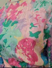 Load image into Gallery viewer, Floral 80’s Dress Silk Pink Blue  Puff Sleeve Pastel Ruched