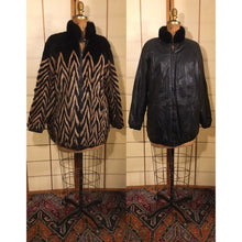 Load image into Gallery viewer, Vintage Women Men Unisex 80s Reversible Mink Chevron Black Leather Bomber Coat Jacket Glam Wear Two Ways Versatility