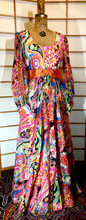 Load image into Gallery viewer, Vintage 70s Dress Maxi High Waisted Rainbow Paisley I Magnin Dress M Psychdelic Poet Sleeves