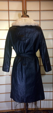Load image into Gallery viewer, Piano Key Black Leather Trench with Cream Azurene Mink Asymmetrical Trimmed Coat 60s 70s Mod Hippy Pane Lane Almost Famous S/M/L
