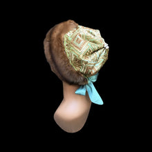 Load image into Gallery viewer, Reserved for Stef- Himalayan Hat of Sea Green Gold Embroidered Silk and Golden Sable Fur