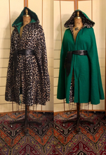 Load image into Gallery viewer, Vintage 70s Reversible Cape Green/Leopard Print Thick Wool Long Hooded Boho Renaissance Hippy Burning Man Unisex One Size Fits All