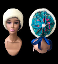 Load image into Gallery viewer, Himalayan Hat with Blonde Mink and Raw Silk Embroidered Peacock Crystal