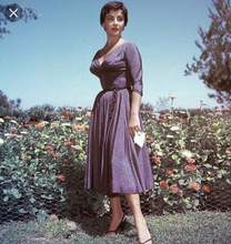 Load image into Gallery viewer, 50s Purple Dress--Taffetta Pinup Audrey Hepburn Sabrina! Pleated Full Skirted Double Layered Crinoline 3/4 Sleeves Dress S/XS