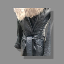 Load image into Gallery viewer, 70’s Spy Trench Leather Coat with Removable Shearling Collar Dark Blue