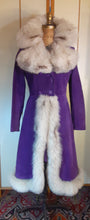 Load image into Gallery viewer, Vintage Women's Coat- Purple Suede 70s Silver Fox Fur Trimmed Princess Pinup Hippy Coat Afghan Penny Lane Almost Famous