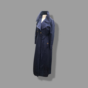 60’s Long Blue Trench Coat Full Length Double Breasted Waterproof Wood Design