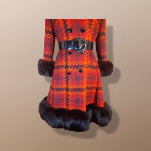 60’s Scottish Knit Plaid Red LIlli Ann Coat with Fox Fur Trim