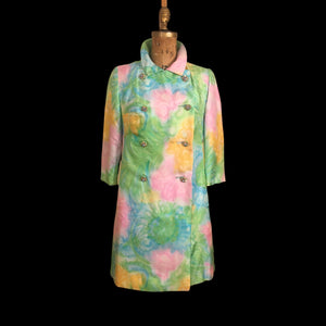 60’s Shift Dress and Coat Set by I. Magnin Pastel Floral Pink Blue Crystal Buttons