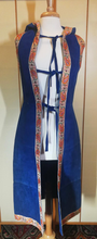 Load image into Gallery viewer, Hooded Blue Suede 70S Vest Long Satin Embroidered Orange Thick Leather Small Extra Long Hippy Chic Hippy Sleeveless Coat Russian Princess