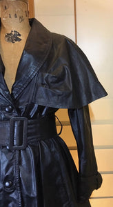 Vintage Coat-70s 80s Black Leather Dress Studio 54 Goth SteamPUNK Belted Pinup Coat Jacket Fit Flare Skirt Fit Flare Princess S M Trench Spy
