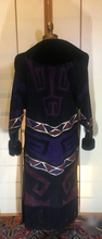 Load image into Gallery viewer, Purple Suede Aztec Patchwork Fringe Native American Leather Warm Cozy Pink Magenta Beaded Sheared Fur Long Coat M/L